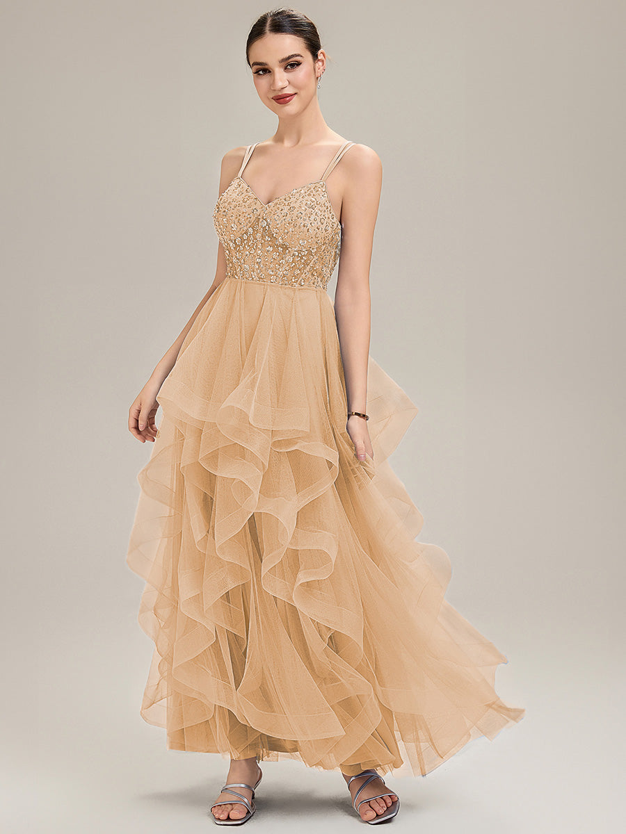 Robe de bal sans manches plissée à décolleté en V profond avec bretelles spaghetti ajustables #Couleur_Dorée