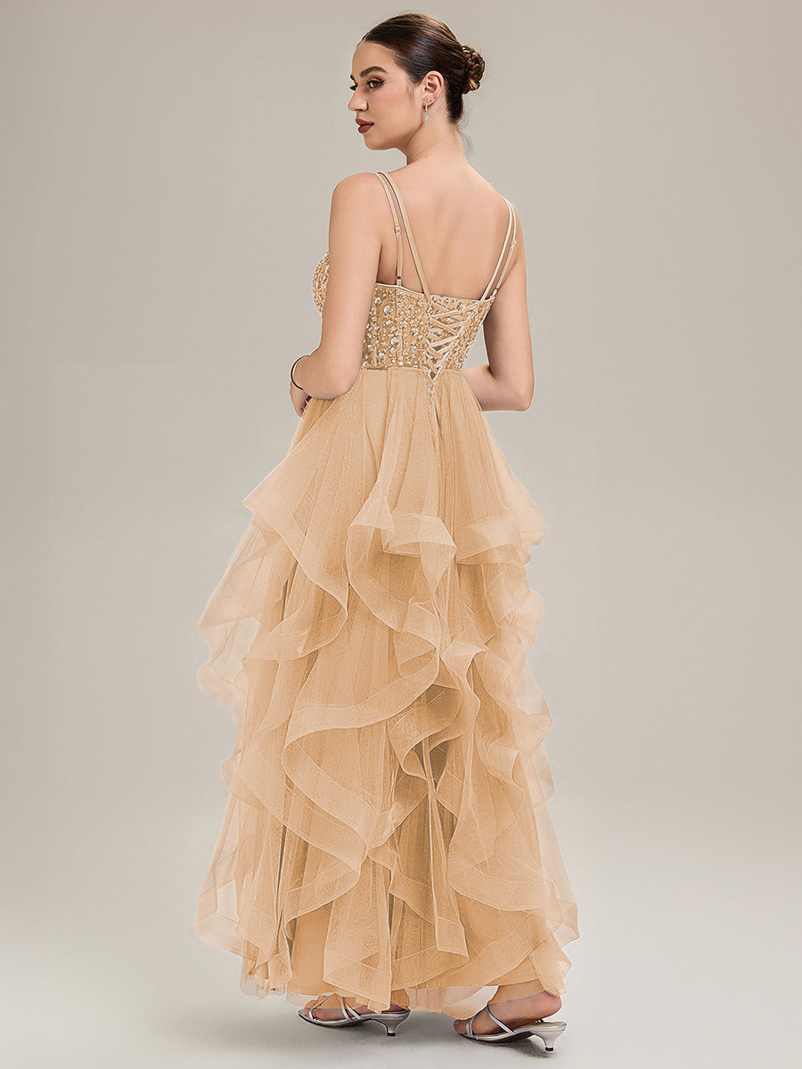 Robe de bal sans manches plissée à décolleté en V profond avec bretelles spaghetti ajustables #Couleur_Dorée