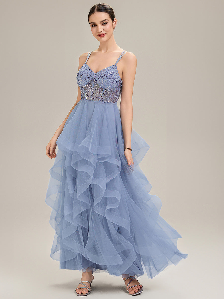 Robe de bal sans manches plissée à décolleté en V profond avec bretelles spaghetti ajustables #Couleur_Bleu Clair
