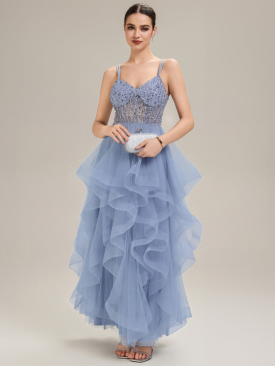 Robe de bal sans manches plissée à décolleté en V profond avec bretelles spaghetti ajustables #Couleur_Bleu Clair
