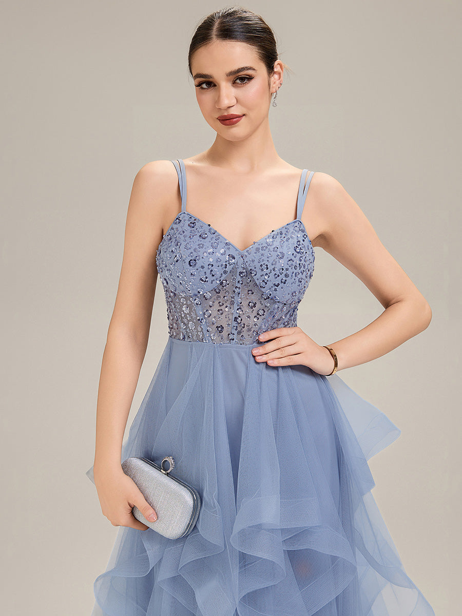 Robe de bal sans manches plissée à décolleté en V profond avec bretelles spaghetti ajustables #Couleur_Bleu Clair