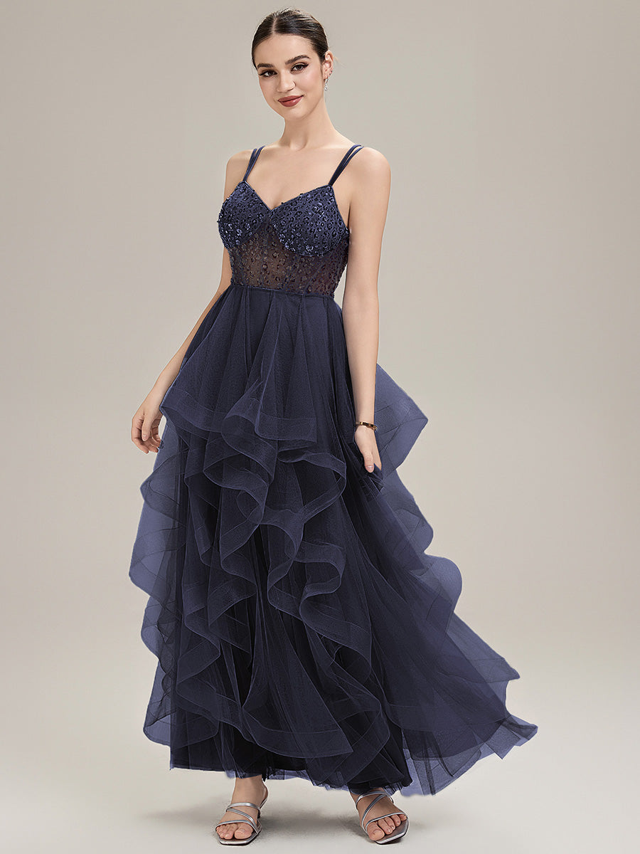 Robe de bal sans manches plissée à décolleté en V profond avec bretelles spaghetti ajustables #Couleur_Bleu Marine