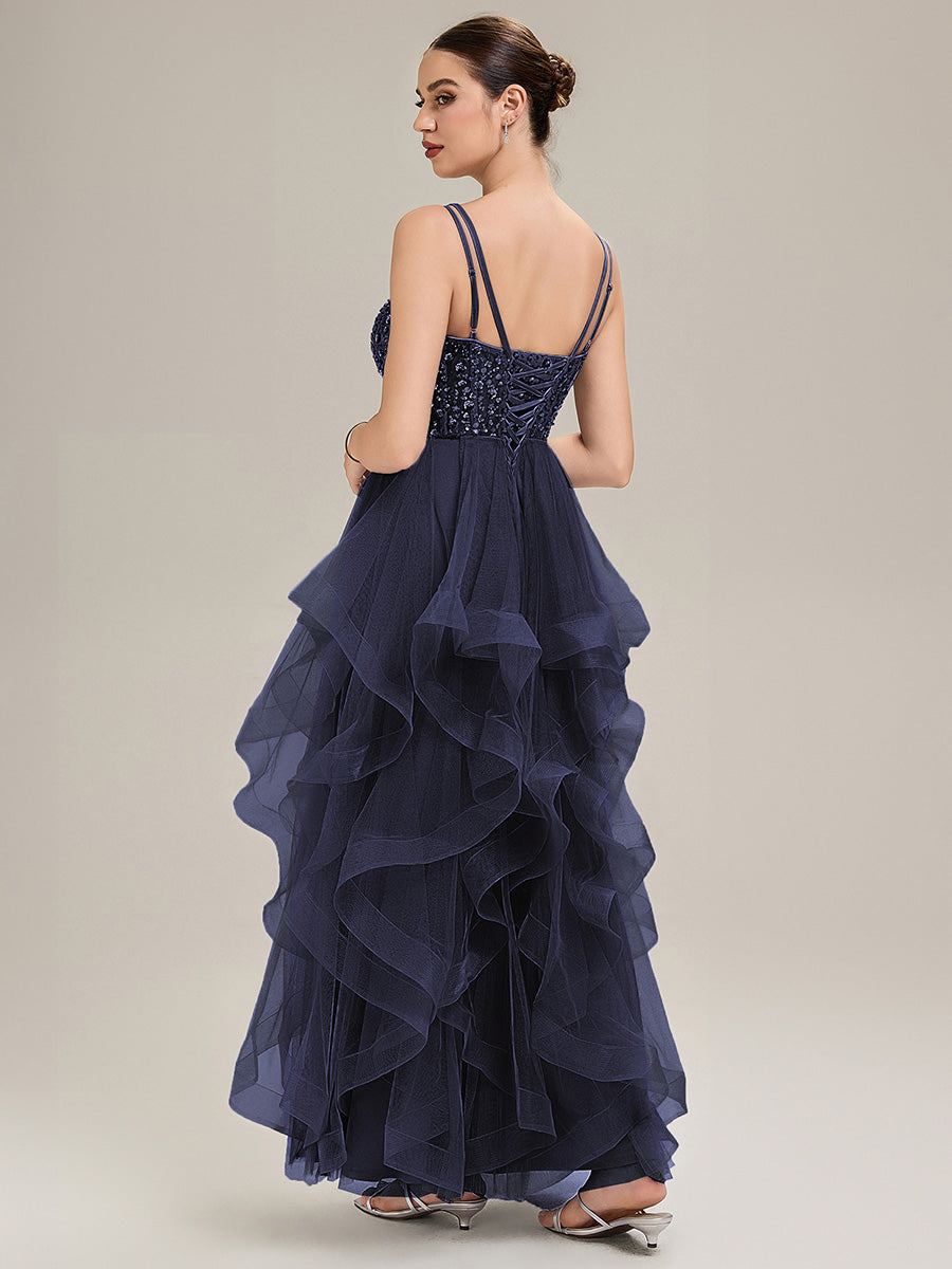 Robe de bal sans manches plissée à décolleté en V profond avec bretelles spaghetti ajustables #Couleur_Bleu Marine