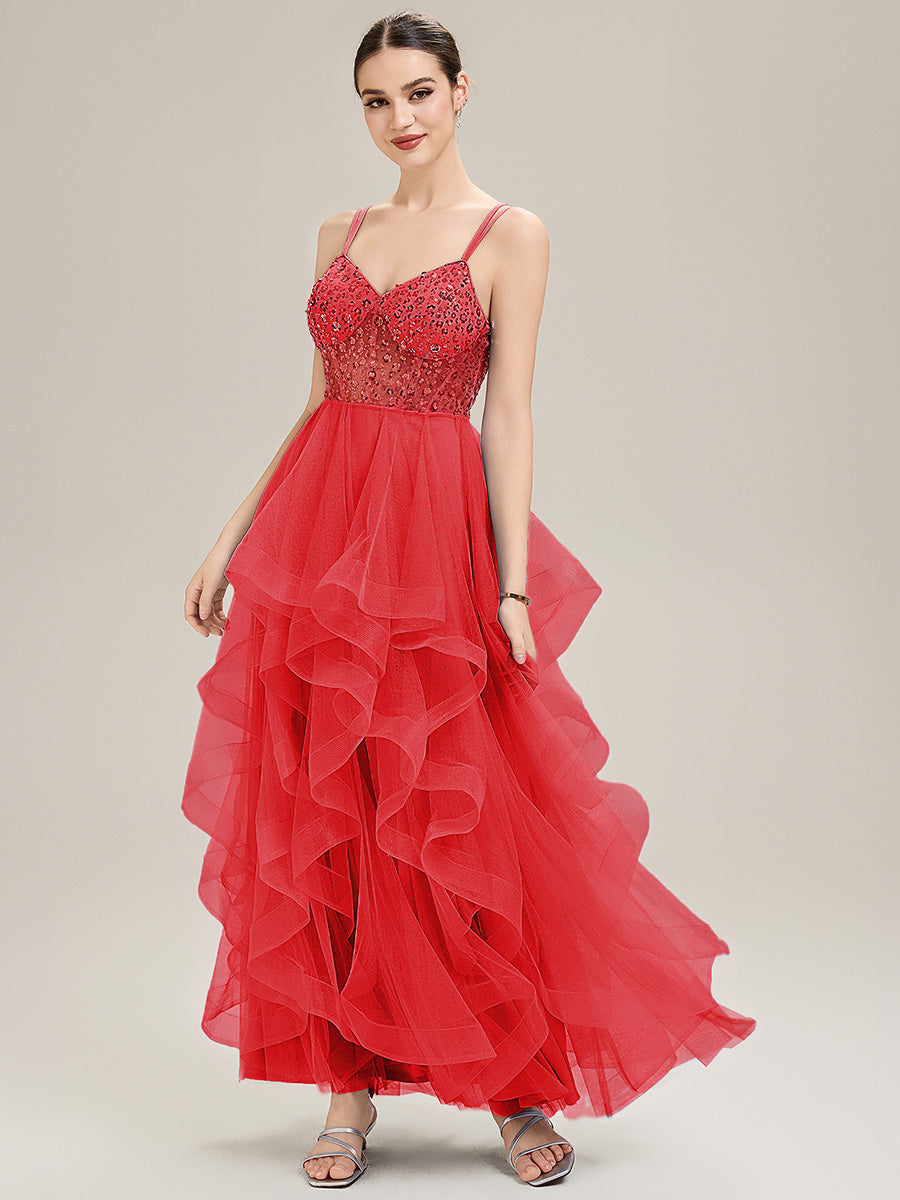 Robe de bal sans manches plissée à décolleté en V profond avec bretelles spaghetti ajustables #Couleur_Rouge