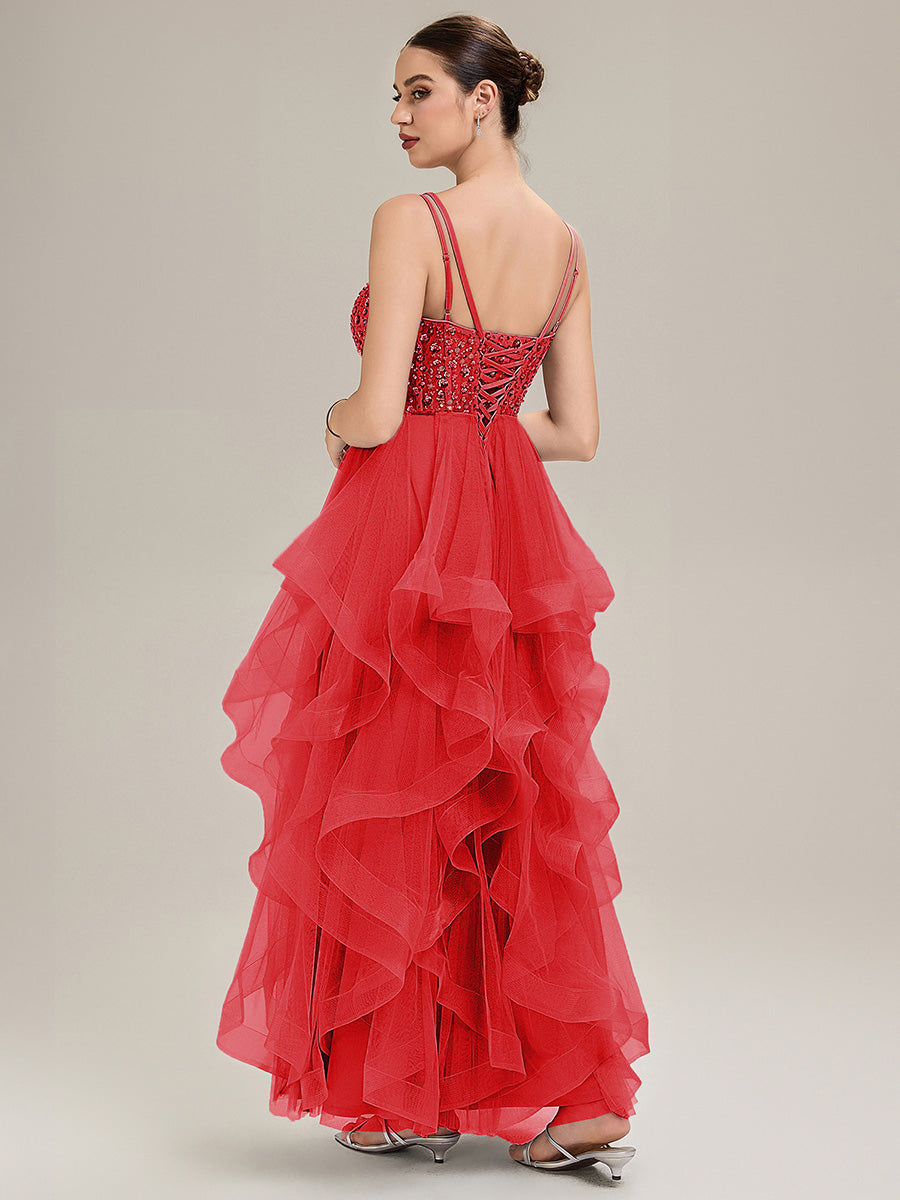 Robe de bal sans manches plissée à décolleté en V profond avec bretelles spaghetti ajustables #Couleur_Rouge