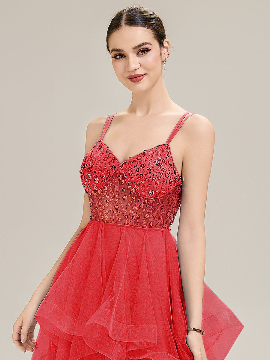 Robe de bal sans manches plissée à décolleté en V profond avec bretelles spaghetti ajustables #Couleur_Rouge