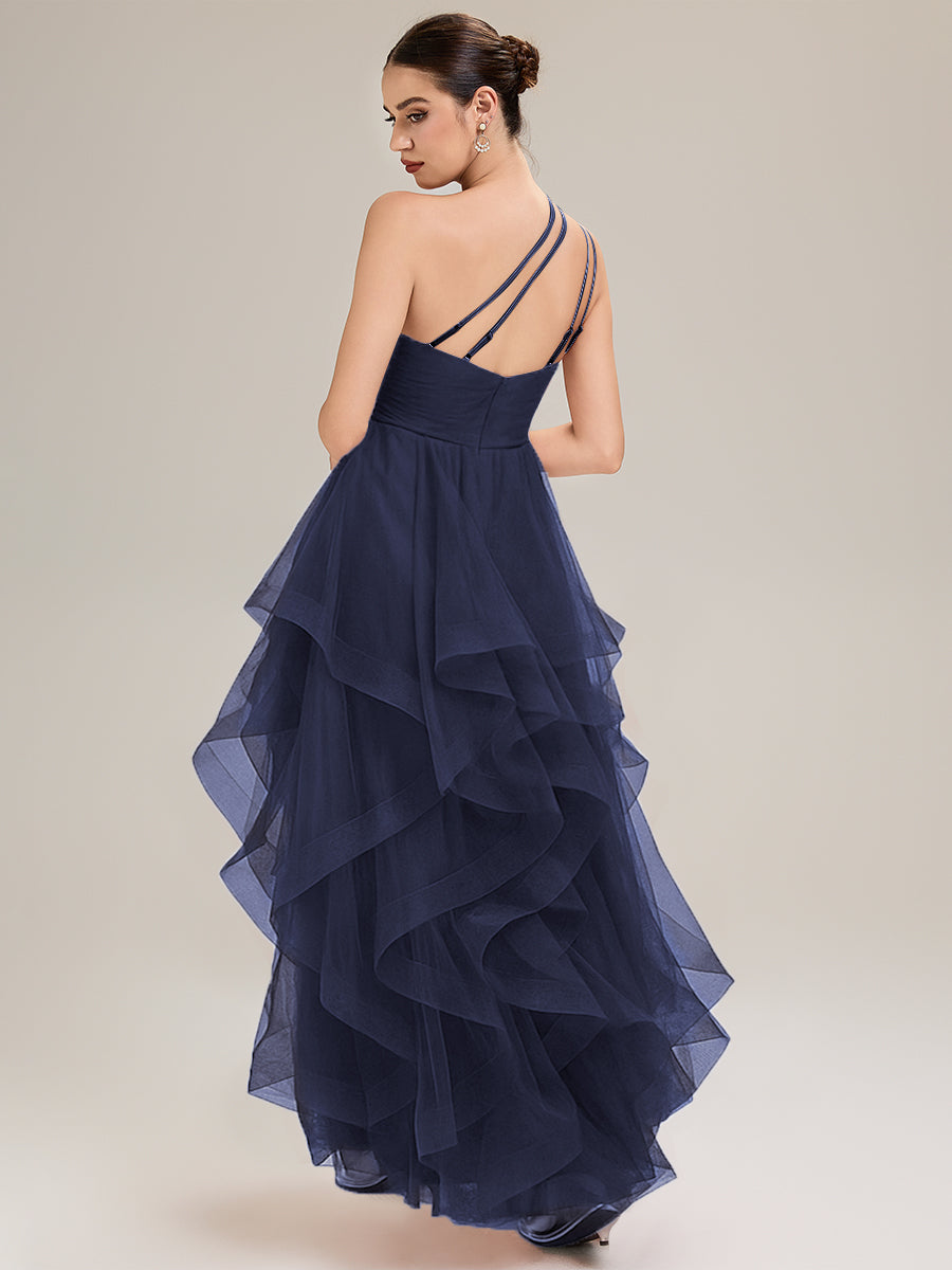 Robe de bal sans manches asymétrique plissée dos nu longueur sol avec bretelles spaghetti réglables #Couleur_Bleu Marine