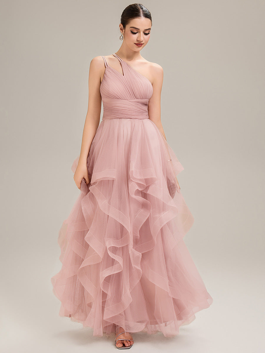 Robe de bal sans manches asymétrique plissée dos nu longueur sol avec bretelles spaghetti réglables #Couleur_Rose