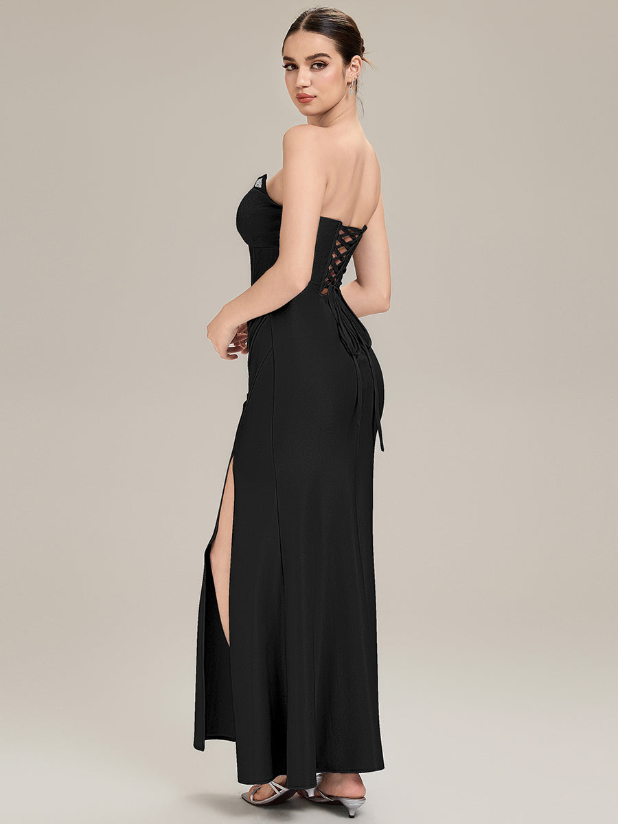 Robe de soirée chic sans bretelles sans manches longueur sol en forme de sirène avec corset et détail à nouer devant #Couleur_Noir