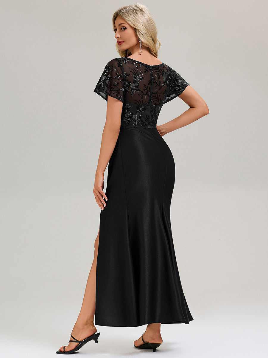Robe maxi à manches courtes avec volants décolleté en V profond et fente haute sur la cuisse Robe de soirée chic #Couleur_Noir