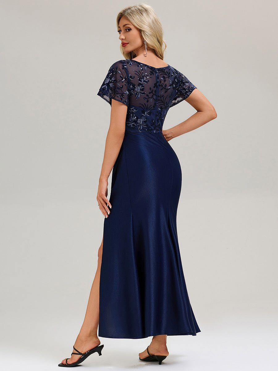 Robe maxi à manches courtes avec volants décolleté en V profond et fente haute sur la cuisse Robe de soirée chic #Couleur_Bleu Marine