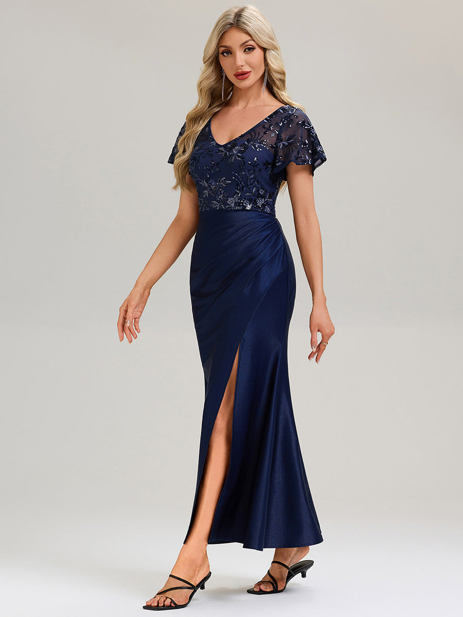 Robe maxi à manches courtes avec volants décolleté en V profond et fente haute sur la cuisse Robe de soirée chic #Couleur_Bleu Marine