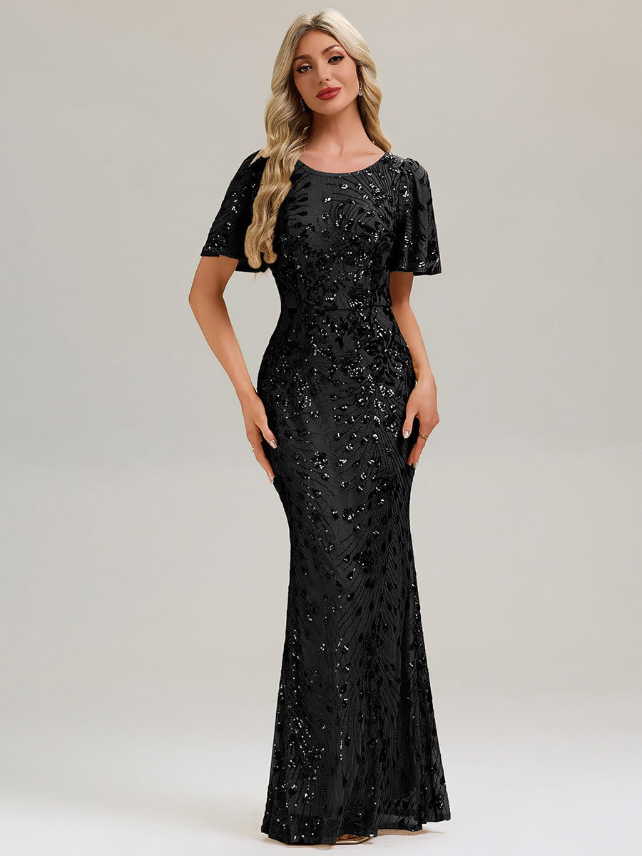 Robe maxi dos nu à encolure ronde à manches courtes volants style sirène haute élasticité robe de soirée chic #Couleur_Noir