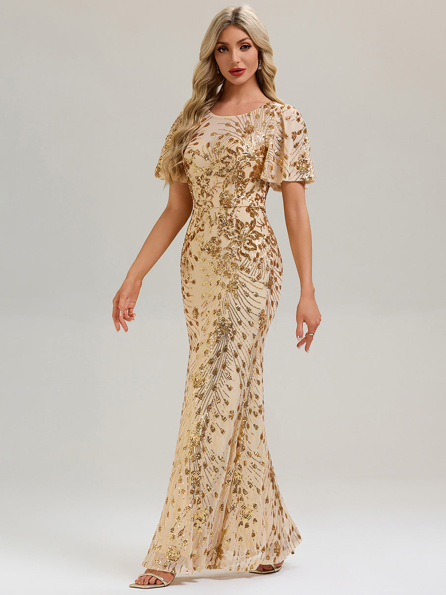 Robe maxi dos nu à encolure ronde à manches courtes volants style sirène haute élasticité robe de soirée chic #Couleur_Dorée