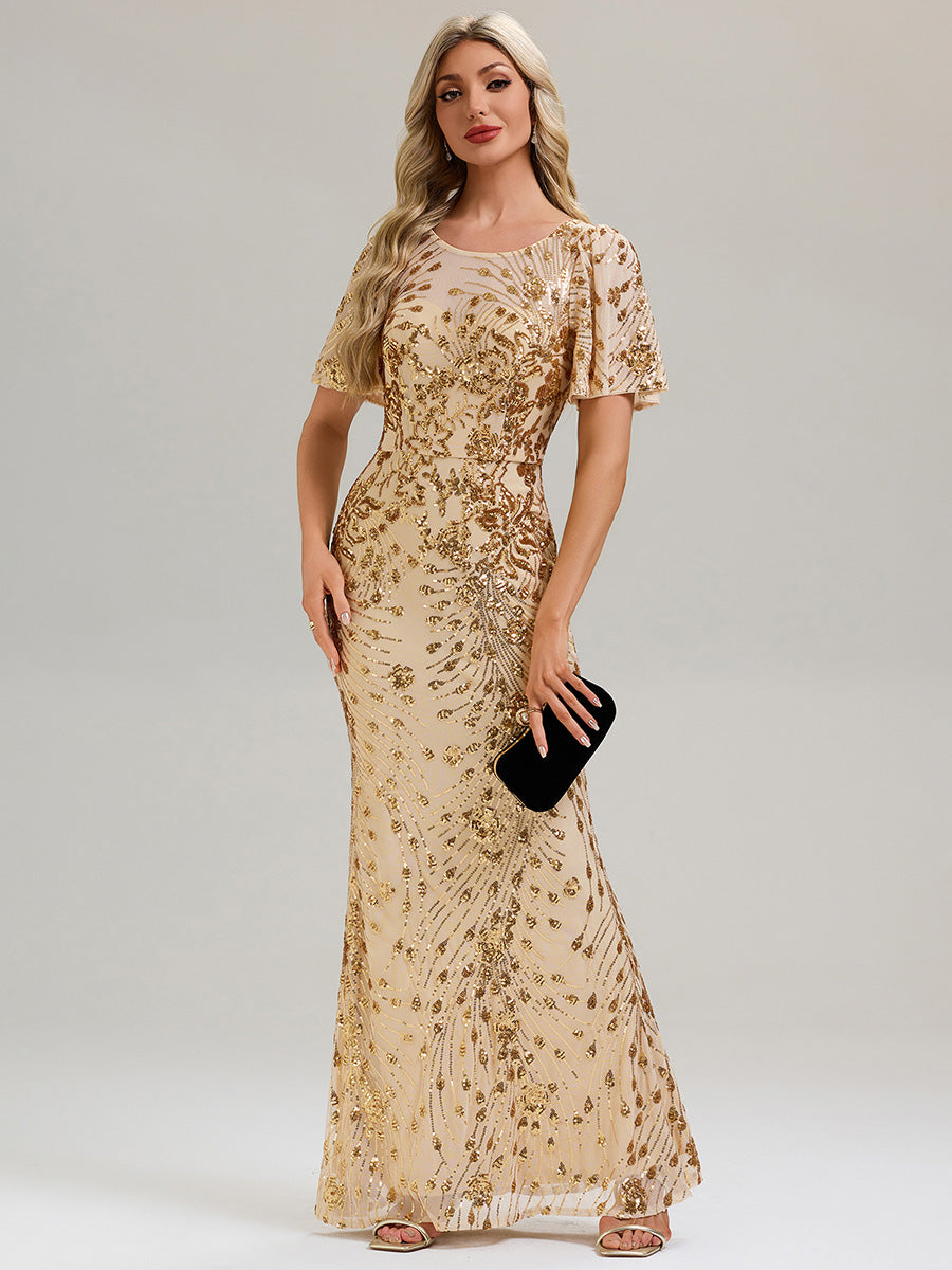Robe maxi dos nu à encolure ronde à manches courtes volants style sirène haute élasticité robe de soirée chic #Couleur_Dorée