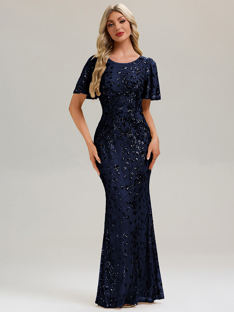 Robe maxi dos nu à encolure ronde à manches courtes volants style sirène haute élasticité robe de soirée chic #Couleur_Bleu Marine