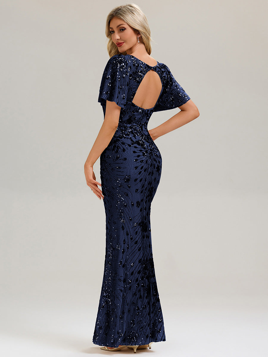 Robe maxi dos nu à encolure ronde à manches courtes volants style sirène haute élasticité robe de soirée chic #Couleur_Bleu Marine
