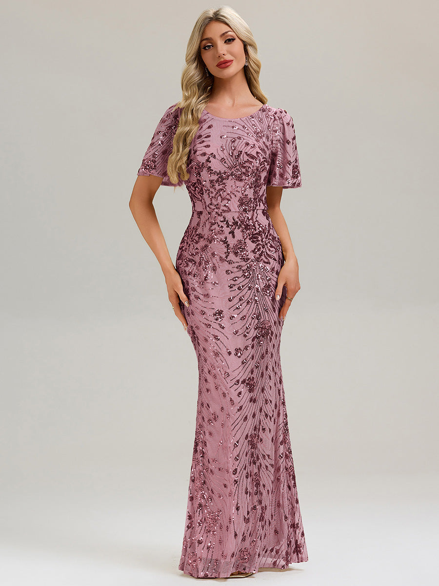 Robe maxi dos nu à encolure ronde à manches courtes volants style sirène haute élasticité robe de soirée chic #Couleur_Orchidee