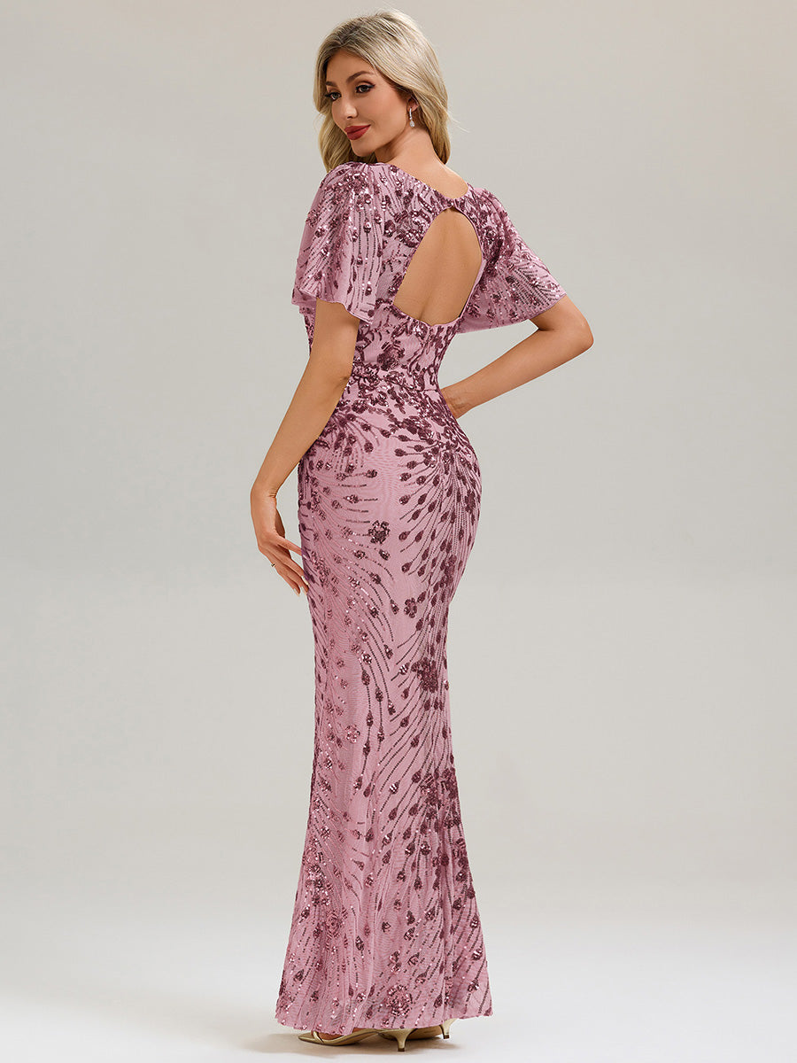 Robe maxi dos nu à encolure ronde à manches courtes volants style sirène haute élasticité robe de soirée chic #Couleur_Orchidee