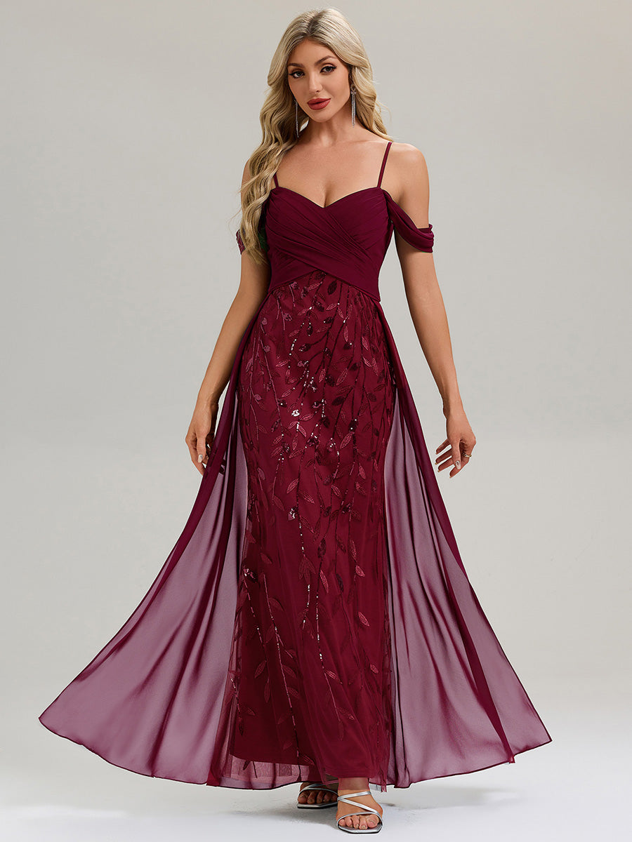 Robe longue sans manches en V avec bretelles spaghetti ajustables et rubans fluides Robe de soirée chic #Couleur_Bordeaux