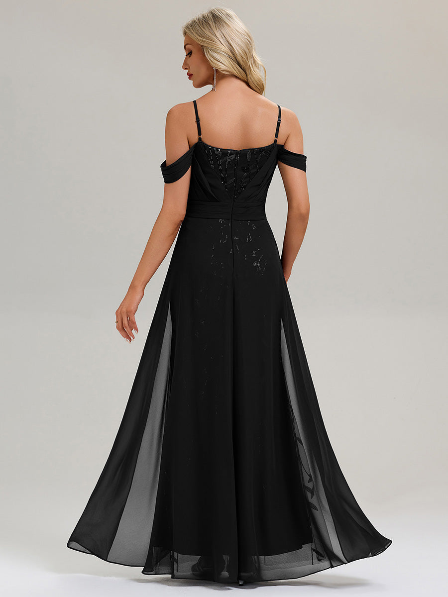 Robe longue sans manches en V avec bretelles spaghetti ajustables et rubans fluides Robe de soirée chic #Couleur_Noir