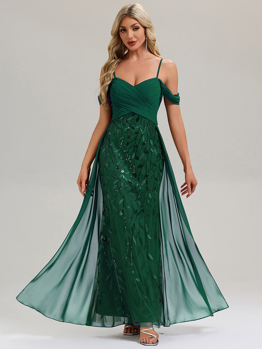 Robe longue sans manches en V avec bretelles spaghetti ajustables et rubans fluides Robe de soirée chic #Couleur_Vert Fonce