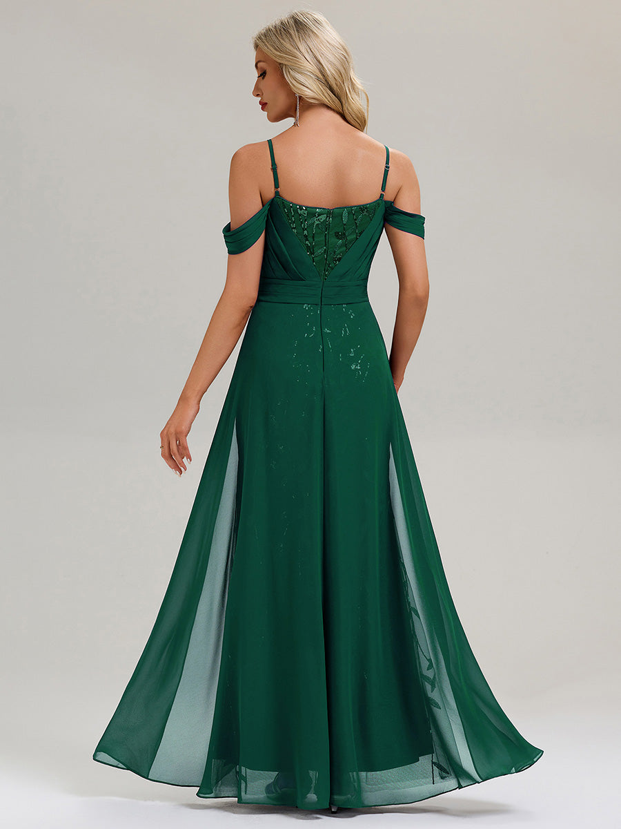 Robe longue sans manches en V avec bretelles spaghetti ajustables et rubans fluides Robe de soirée chic #Couleur_Vert Fonce