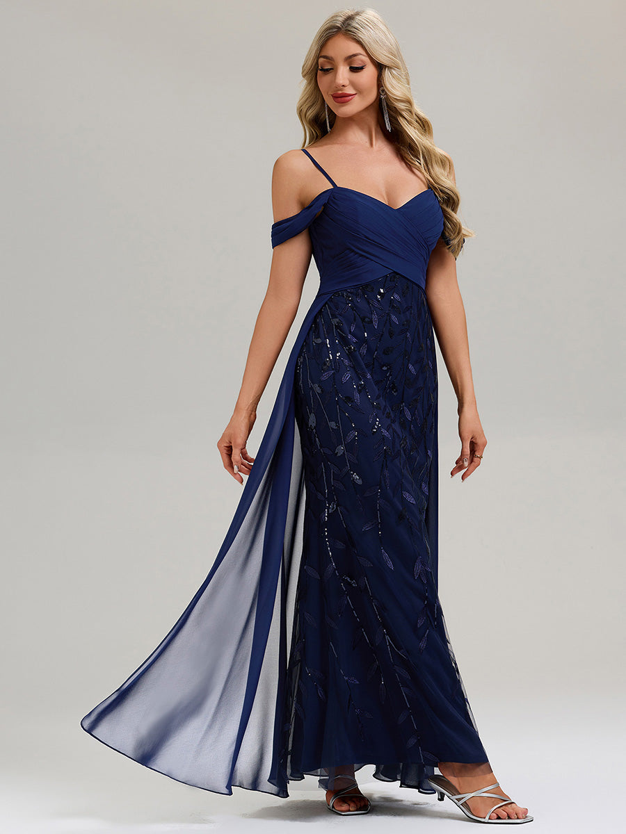 Robe longue sans manches en V avec bretelles spaghetti ajustables et rubans fluides Robe de soirée chic #Couleur_Bleu Marine