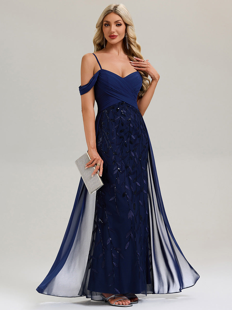 Robe longue sans manches en V avec bretelles spaghetti ajustables et rubans fluides Robe de soirée chic #Couleur_Bleu Marine