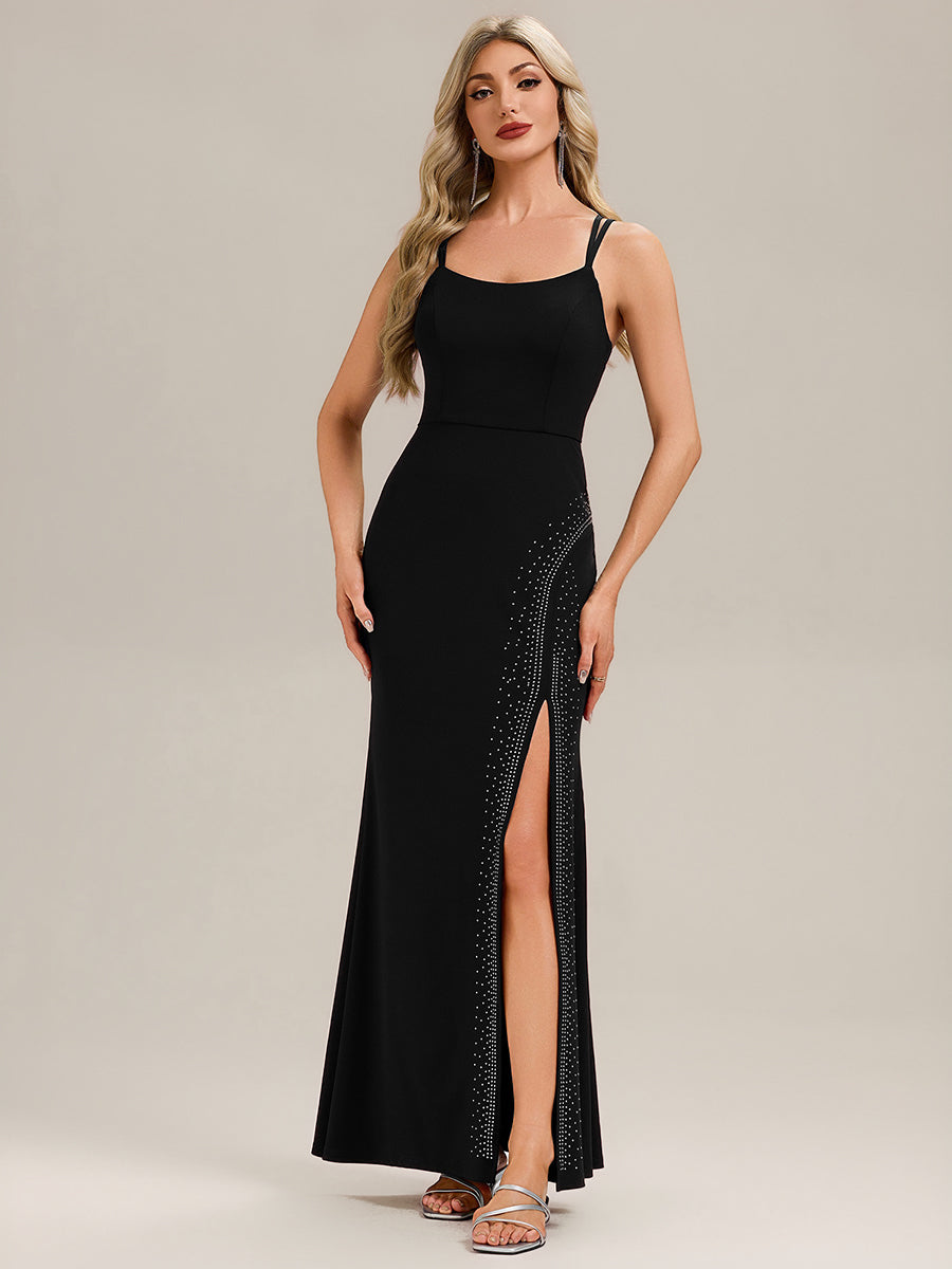 Robe longue sans manches à encolure en U avec fente haute sur la cuisse et design dos nu Robe de soirée chic #Couleur_Noir