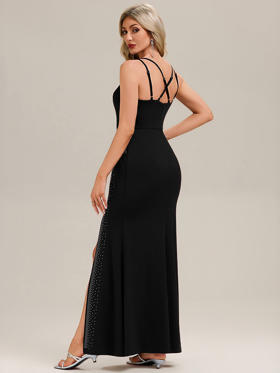 Robe longue sans manches à encolure en U avec fente haute sur la cuisse et design dos nu Robe de soirée chic #Couleur_Noir