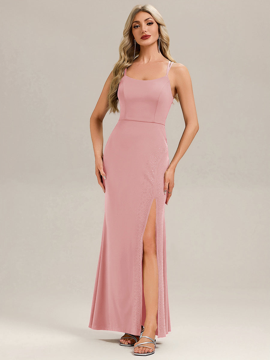 Robe longue sans manches à encolure en U avec fente haute sur la cuisse et design dos nu Robe de soirée chic #Couleur_Rose fumee
