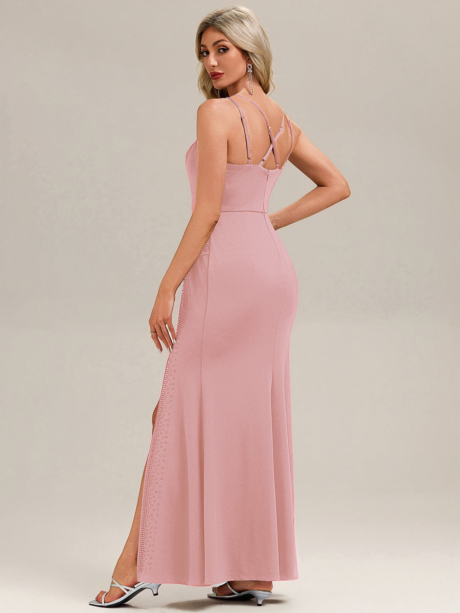Robe longue sans manches à encolure en U avec fente haute sur la cuisse et design dos nu Robe de soirée chic #Couleur_Rose fumee