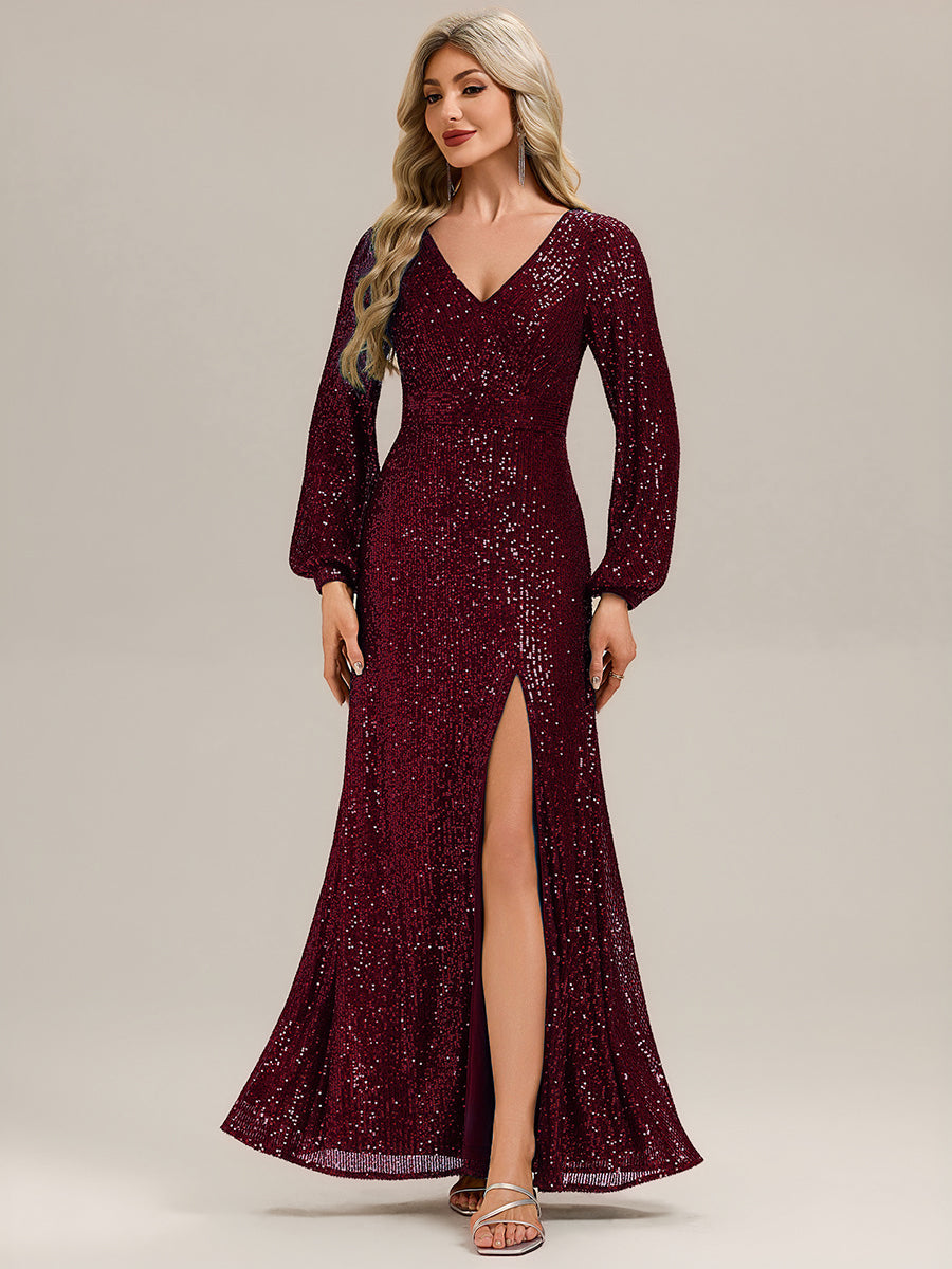 Robe de soirée chic à manches lanternes longues décolleté en V profond en sequins style sirène longueur sol #Couleur_Bordeaux