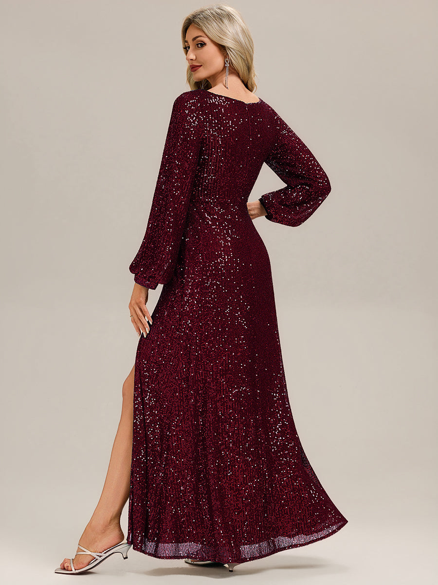 Robe de soirée chic à manches lanternes longues décolleté en V profond en sequins style sirène longueur sol #Couleur_Bordeaux