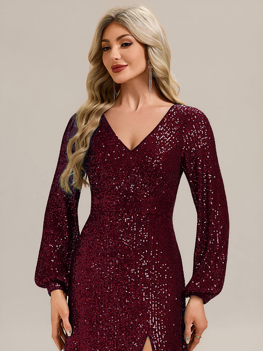Robe de soirée chic à manches lanternes longues décolleté en V profond en sequins style sirène longueur sol #Couleur_Bordeaux