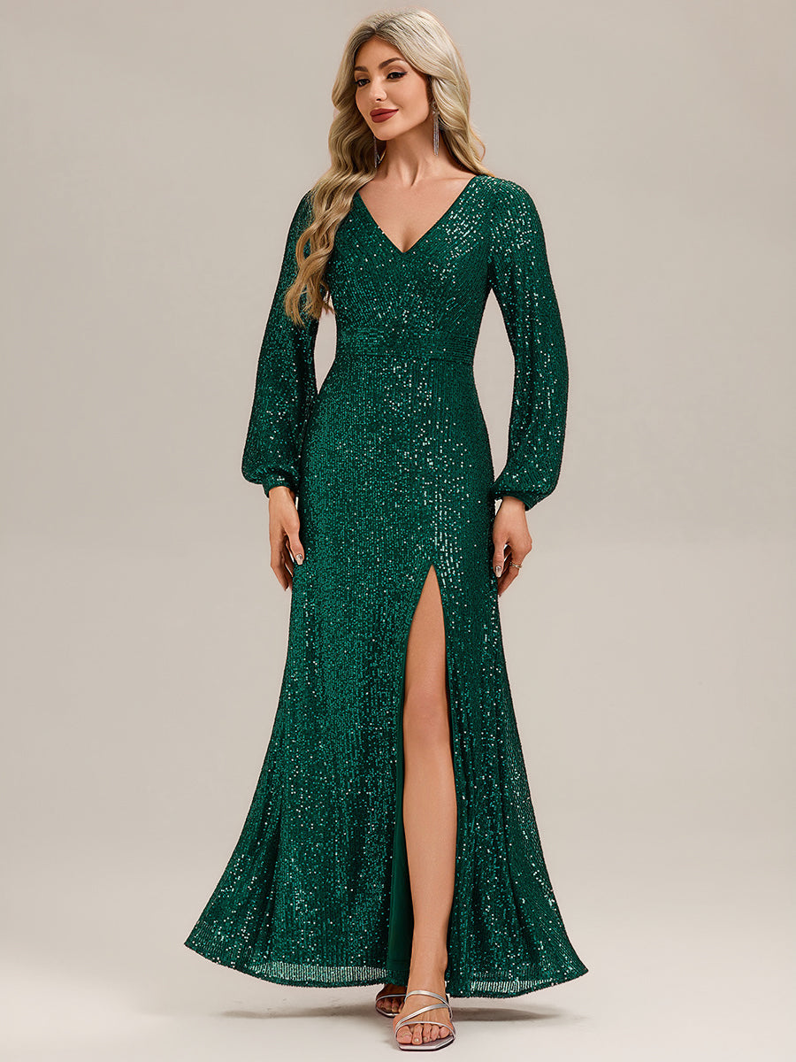 Robe de soirée chic à manches lanternes longues décolleté en V profond en sequins style sirène longueur sol #Couleur_Vert Fonce