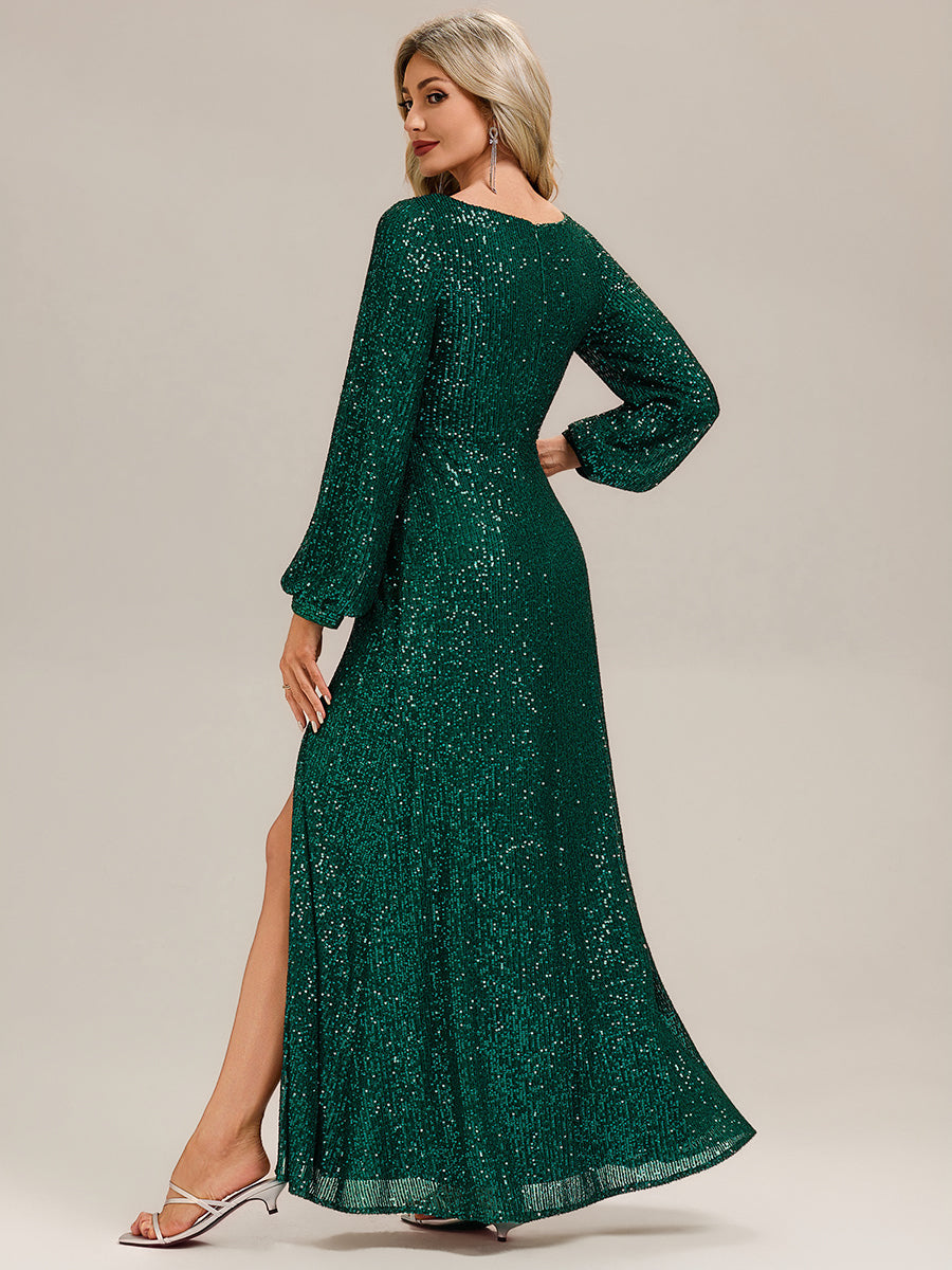 Robe de soirée chic à manches lanternes longues décolleté en V profond en sequins style sirène longueur sol #Couleur_Vert Fonce