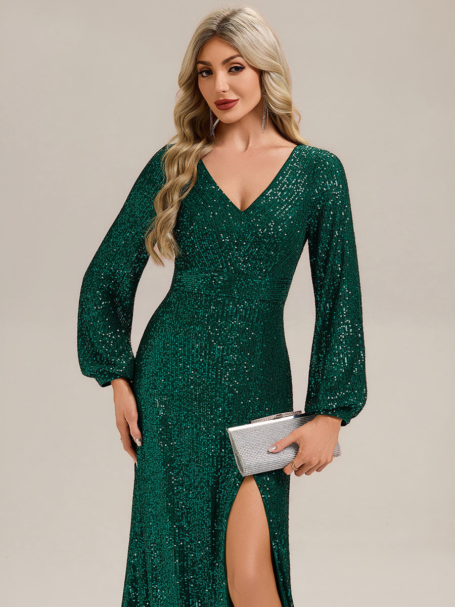 Robe de soirée chic à manches lanternes longues décolleté en V profond en sequins style sirène longueur sol #Couleur_Vert Fonce