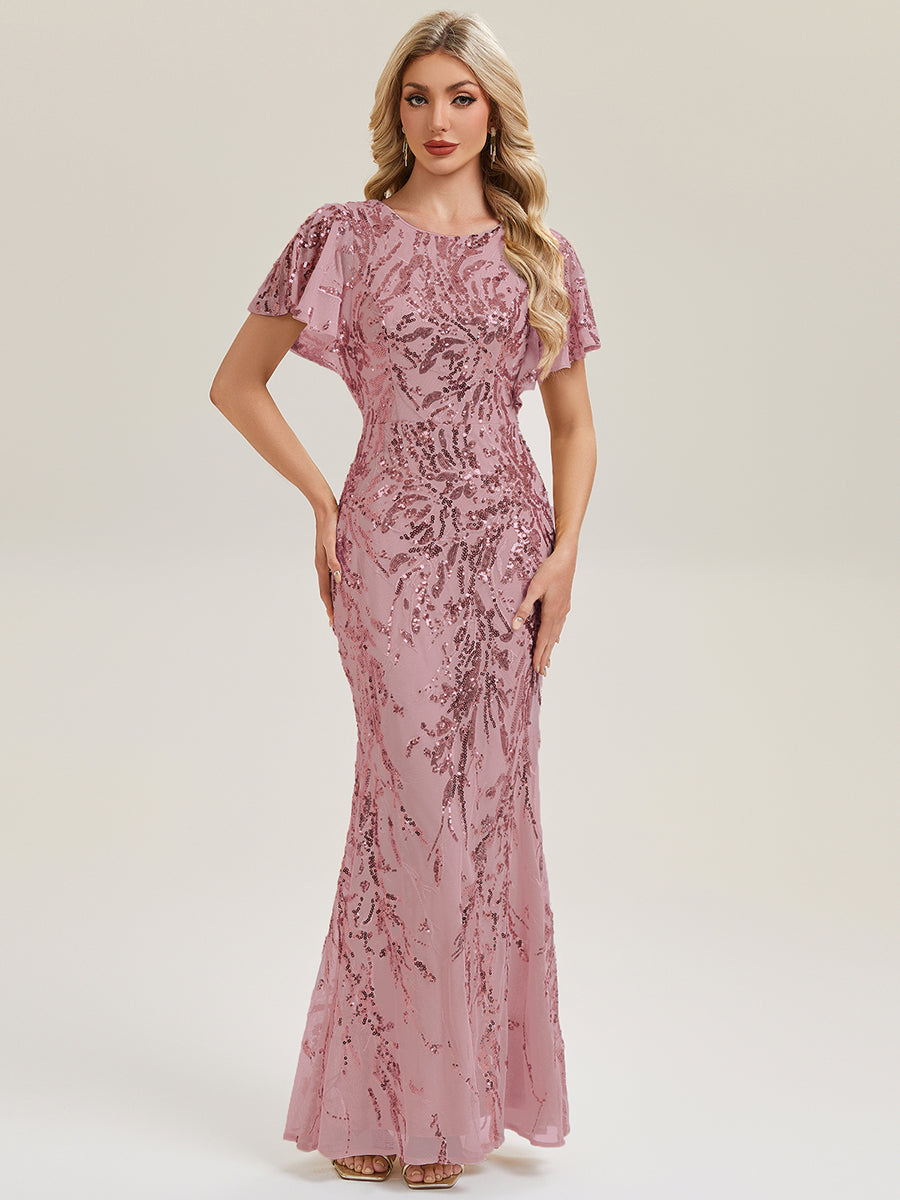 Robe de soirée chic à manches courtes en tissu extensible avec fente haute sur la cuisse et détails en sequins longueur maxi #Couleur_Orchidee