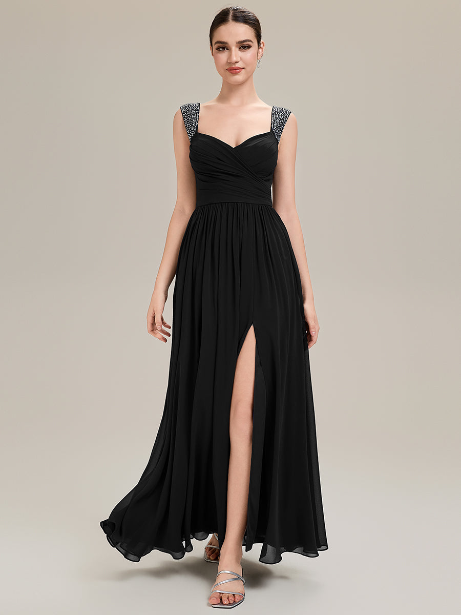 Robe de soirée chic sans manches décolleté en V avec jupe évasée longueur sol et bretelles non réglables #Couleur_Noir