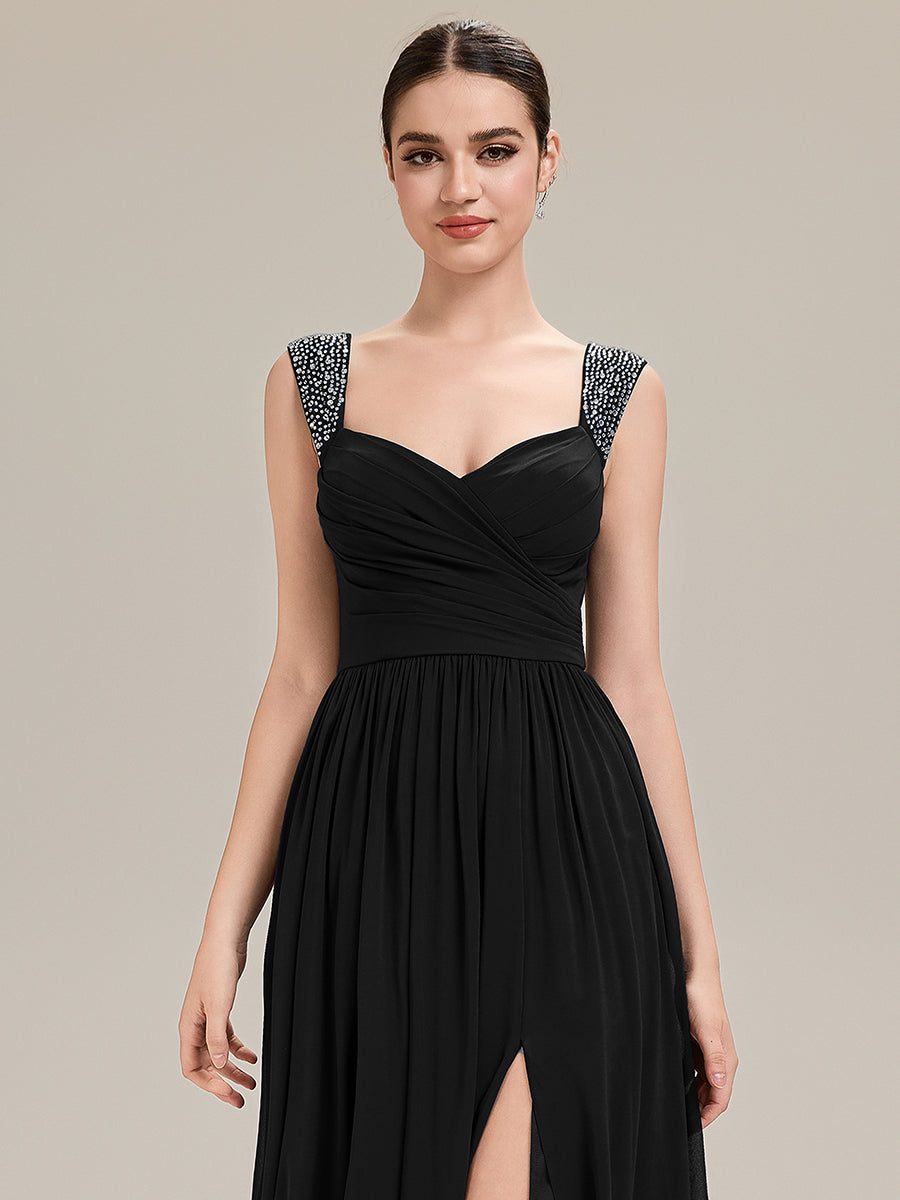 Robe de soirée chic sans manches décolleté en V avec jupe évasée longueur sol et bretelles non réglables #Couleur_Noir