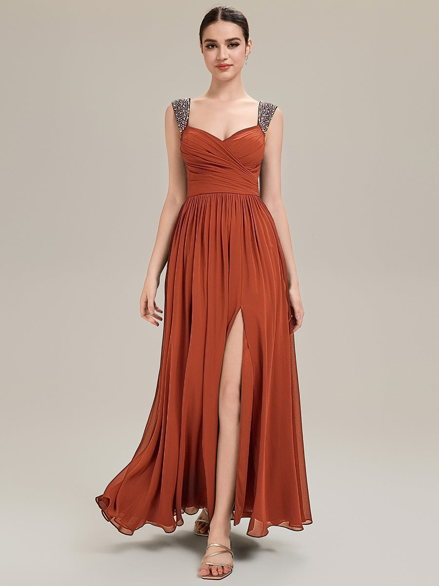 Robe de soirée chic sans manches décolleté en V avec jupe évasée longueur sol et bretelles non réglables #Couleur_Burnt Orange