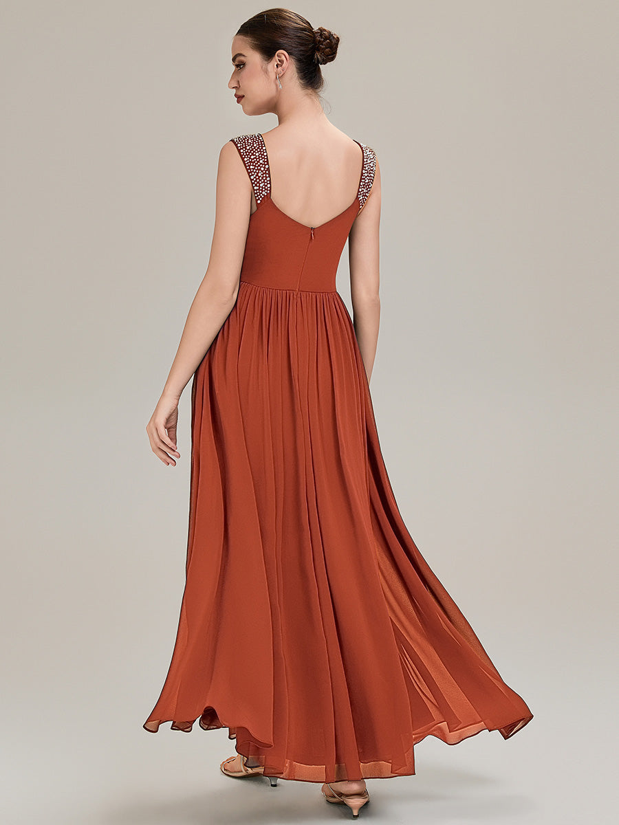 Robe de soirée chic sans manches décolleté en V avec jupe évasée longueur sol et bretelles non réglables #Couleur_Burnt Orange