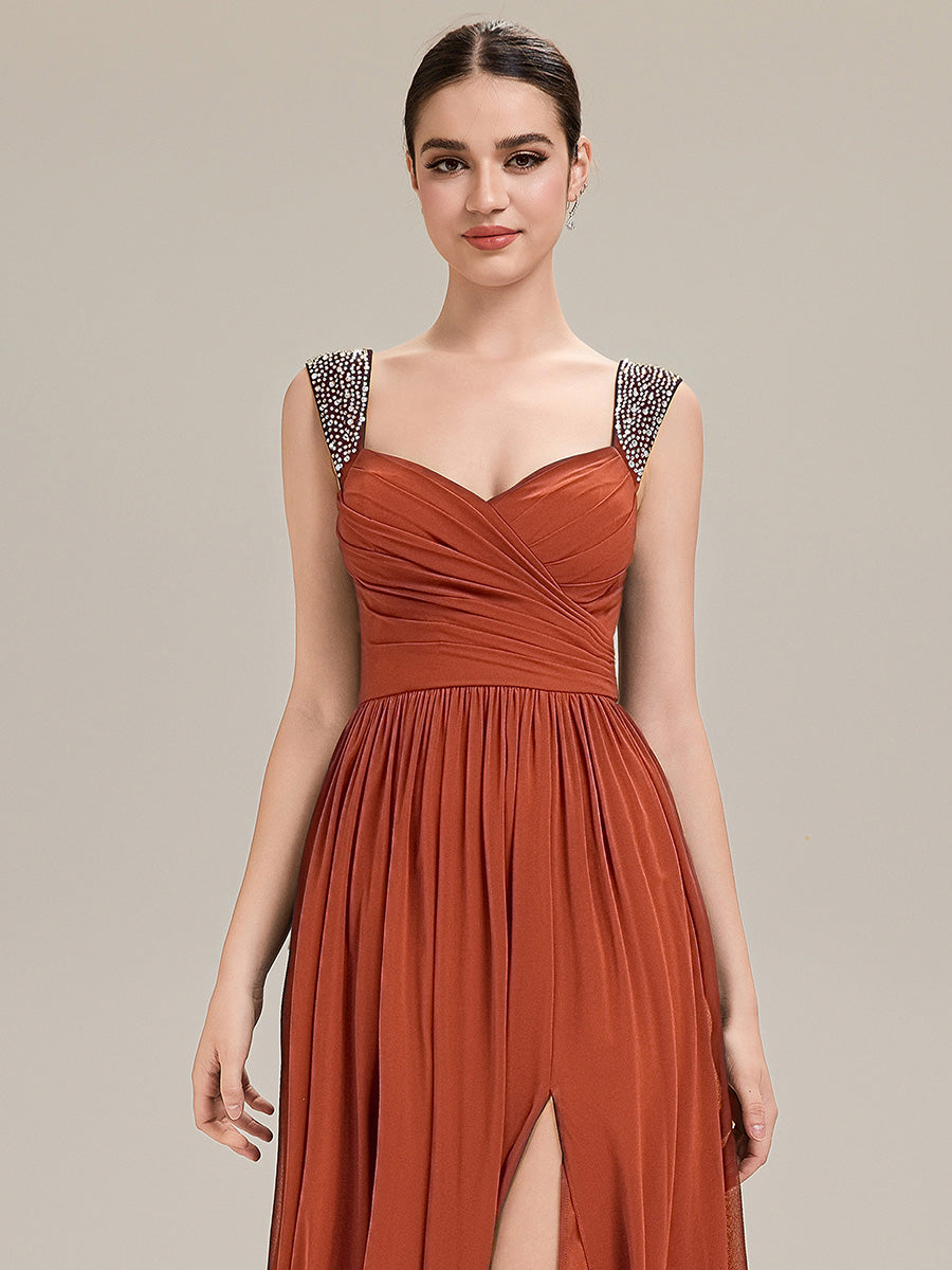 Robe de soirée chic sans manches décolleté en V avec jupe évasée longueur sol et bretelles non réglables #Couleur_Burnt Orange