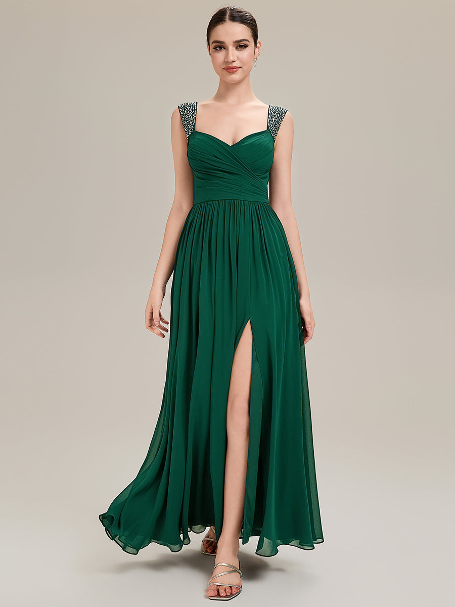 Robe de soirée chic sans manches décolleté en V avec jupe évasée longueur sol et bretelles non réglables #Couleur_Vert Fonce