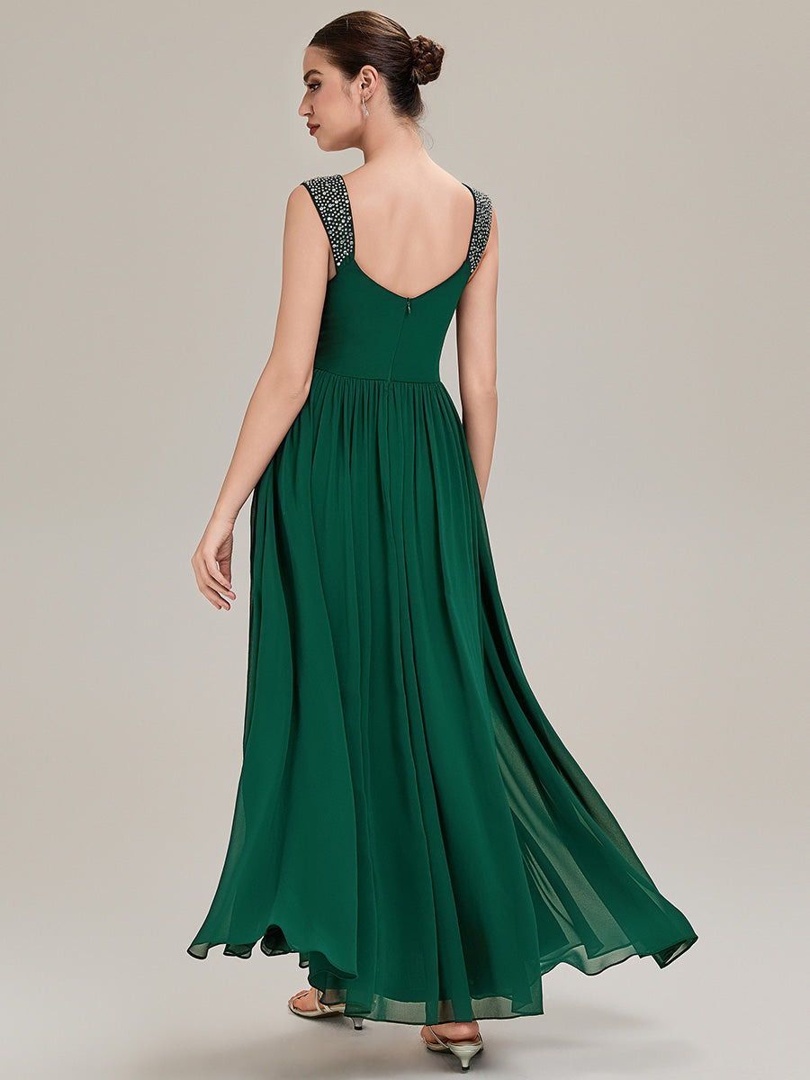 Robe de soirée chic sans manches décolleté en V avec jupe évasée longueur sol et bretelles non réglables #Couleur_Vert Fonce