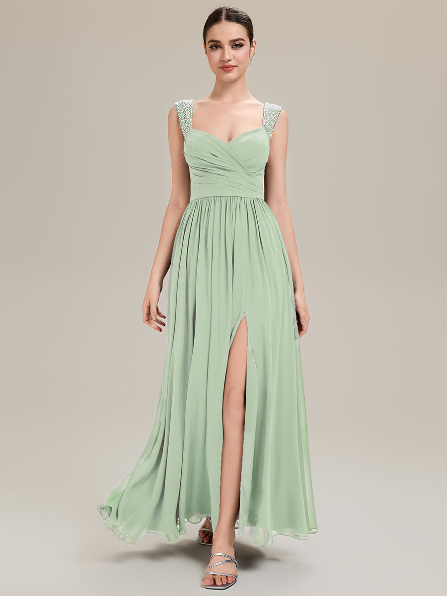 Robe de soirée chic sans manches décolleté en V avec jupe évasée longueur sol et bretelles non réglables #Couleur_Menthe Verte