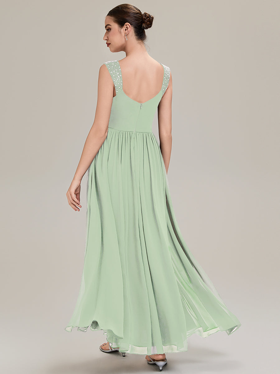 Robe de soirée chic sans manches décolleté en V avec jupe évasée longueur sol et bretelles non réglables #Couleur_Menthe Verte