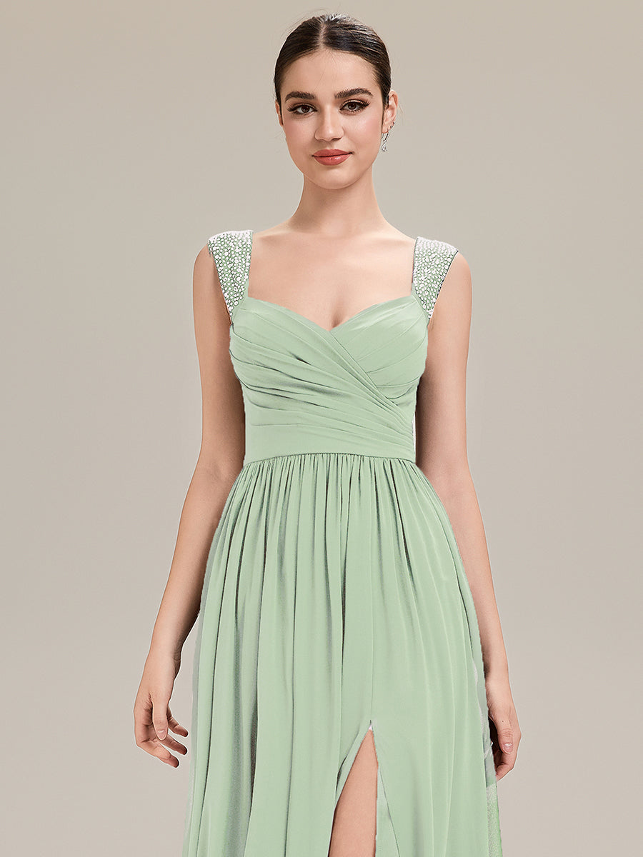 Robe de soirée chic sans manches décolleté en V avec jupe évasée longueur sol et bretelles non réglables #Couleur_Menthe Verte